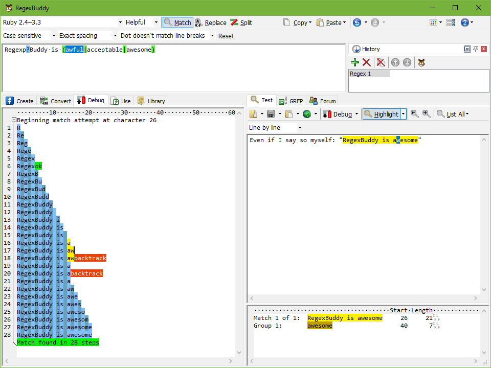 Debugger output for a successful match of a simple regular expression